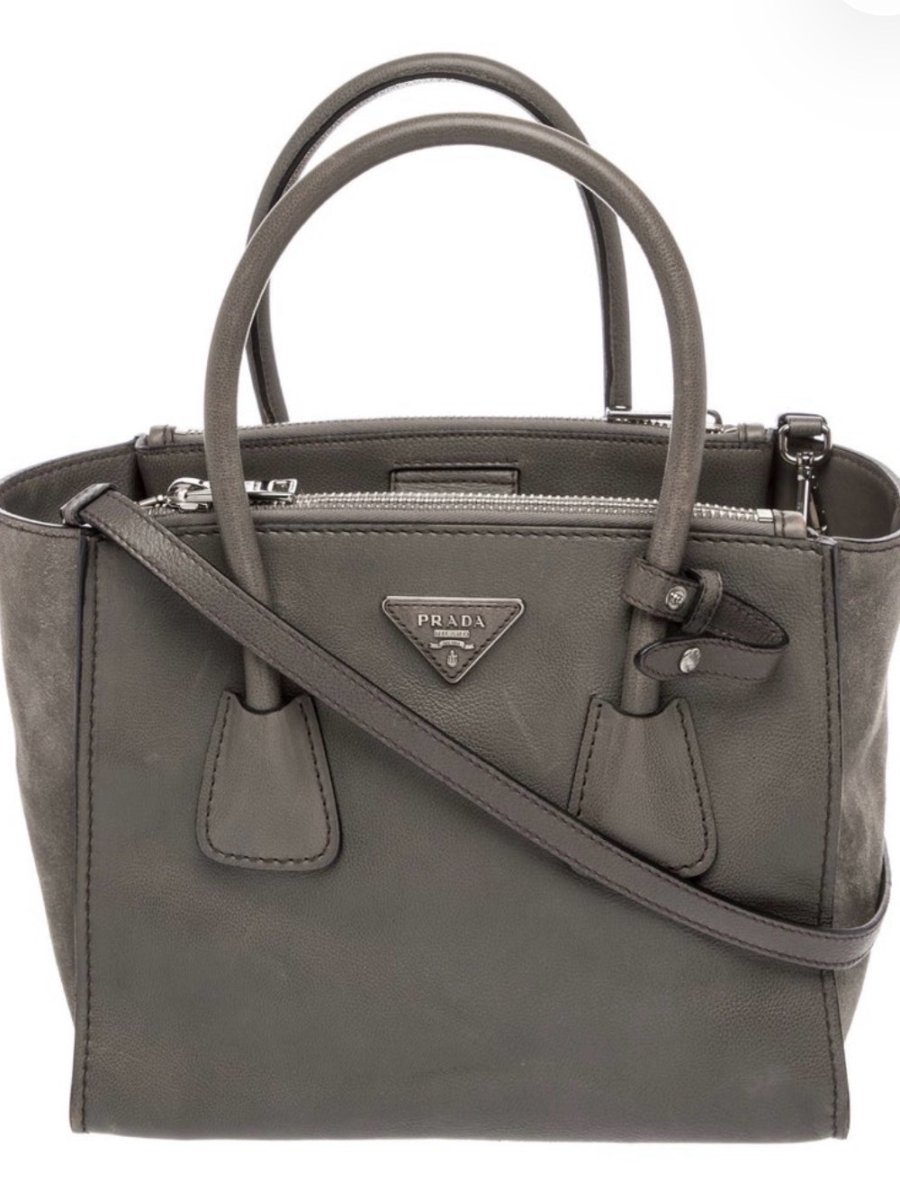 Prada Gray Leather Double-Handle Satchel with Crossbody Strap